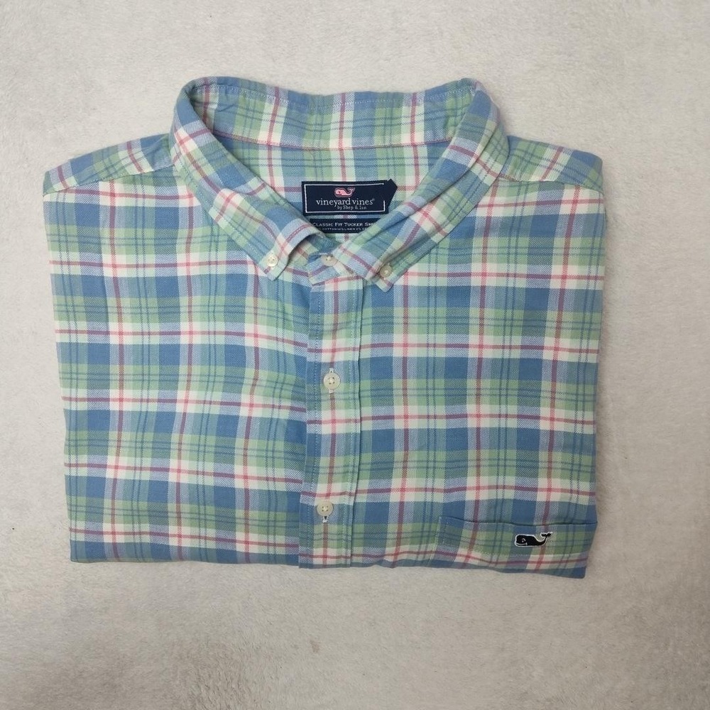 Vineyard Vines Shirt Mens Big 2XB Blue Plaid Classic Tucker Cotton Linen Spandex